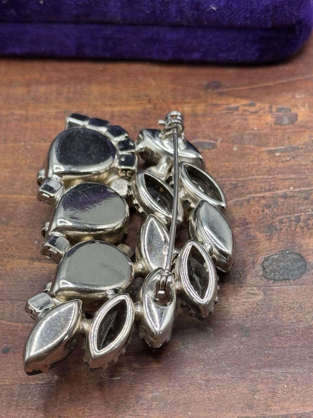 Vintage Brooch Satin Lucite Leaf Rhinestone Grey Blue AB Floral 2.5”