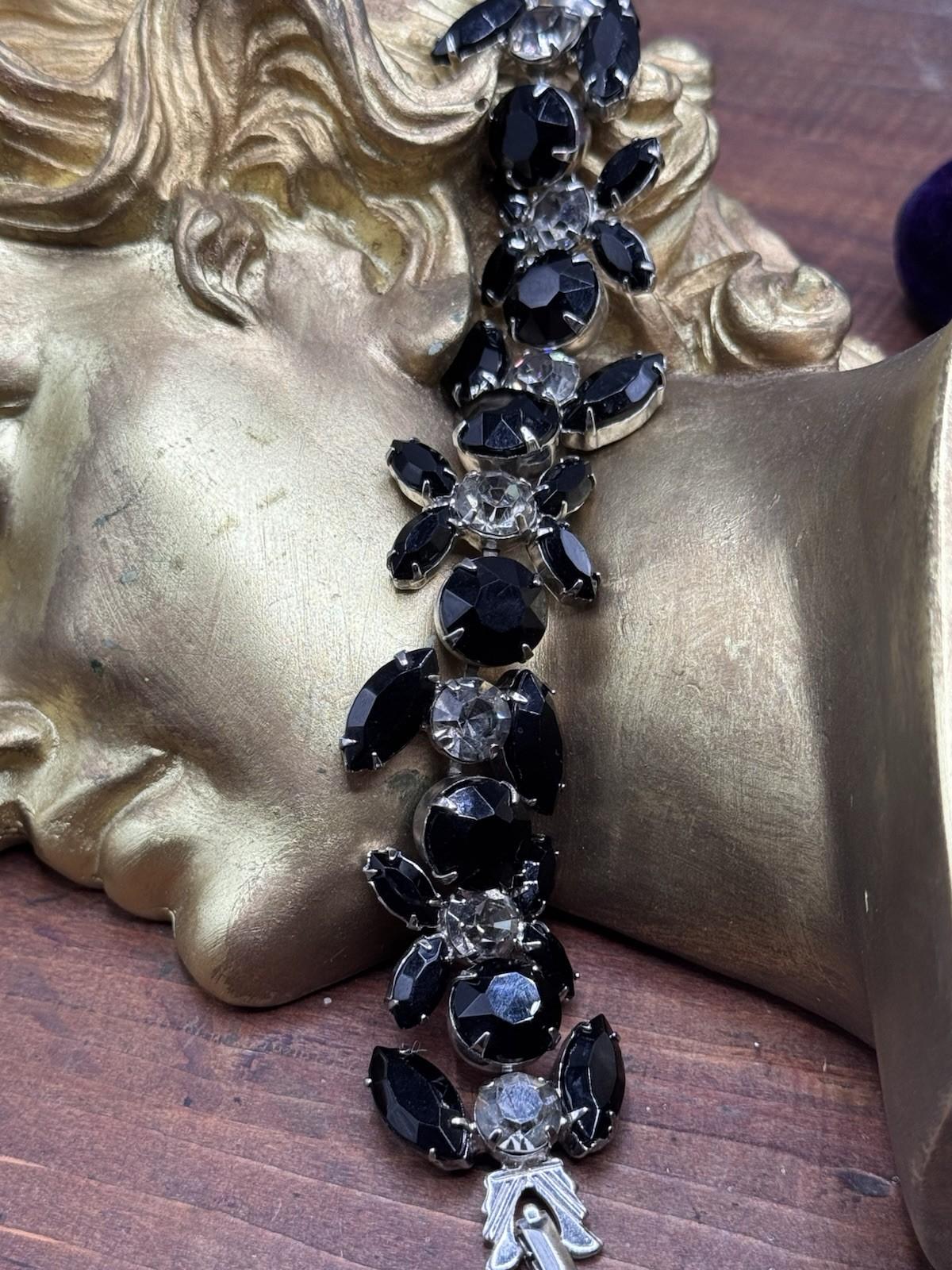 Vintage WEISS Bracelet Black Clear Rhinestone Signed 6”