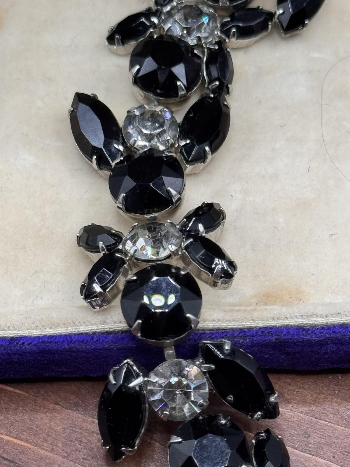 Vintage WEISS Bracelet Black Clear Rhinestone Signed 6”