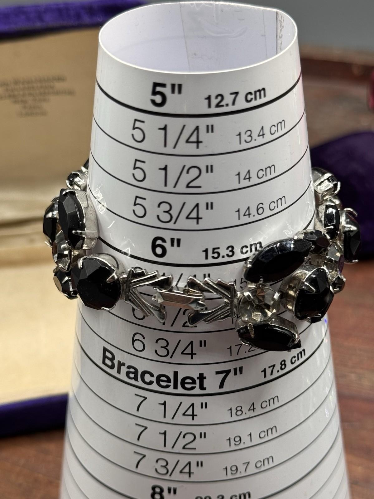 Vintage WEISS Bracelet Black Clear Rhinestone Signed 6”
