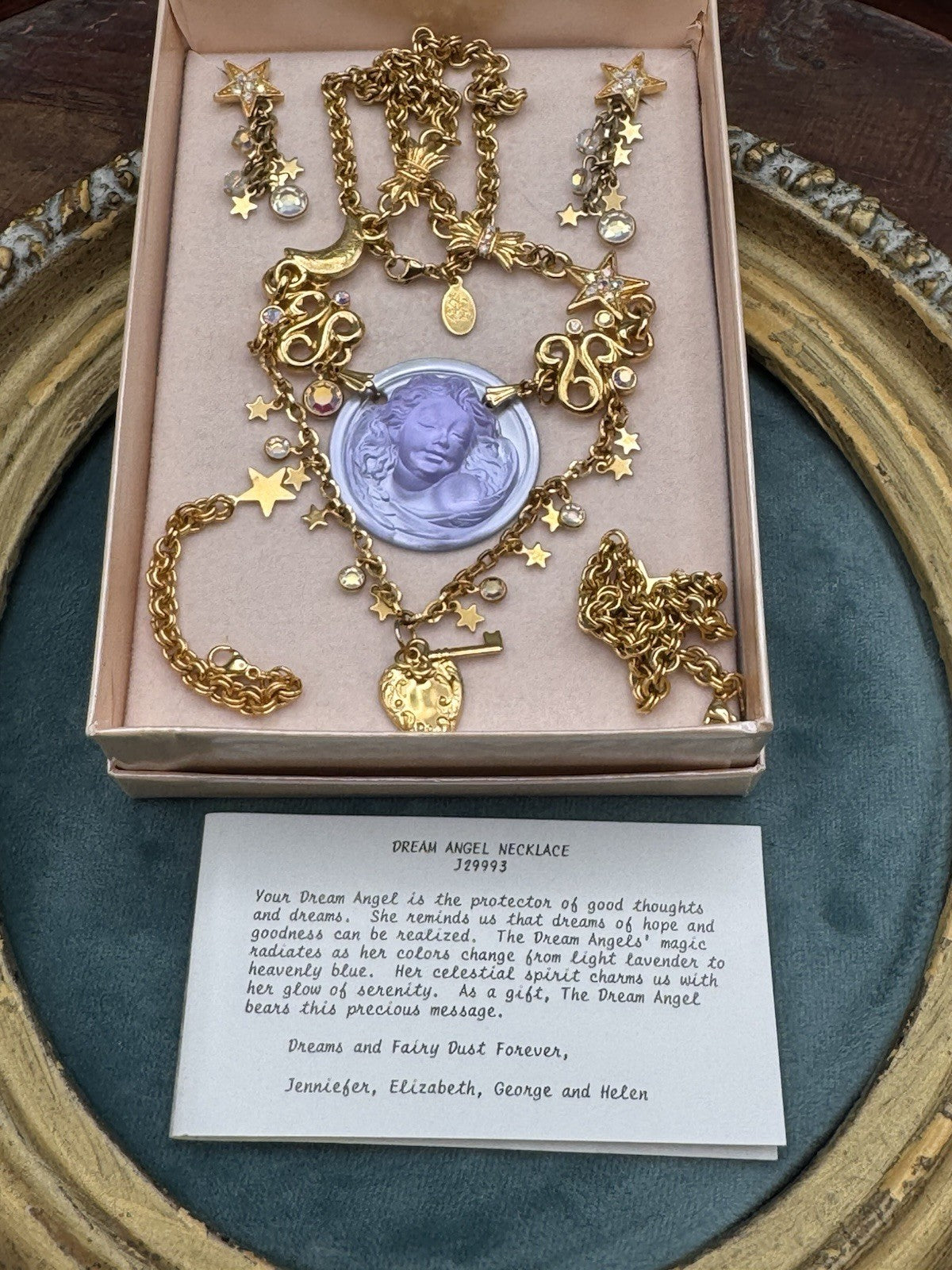 Kirks Folly Dream Angel Necklace Set Earrings Purple Cameo Charm Goldtone