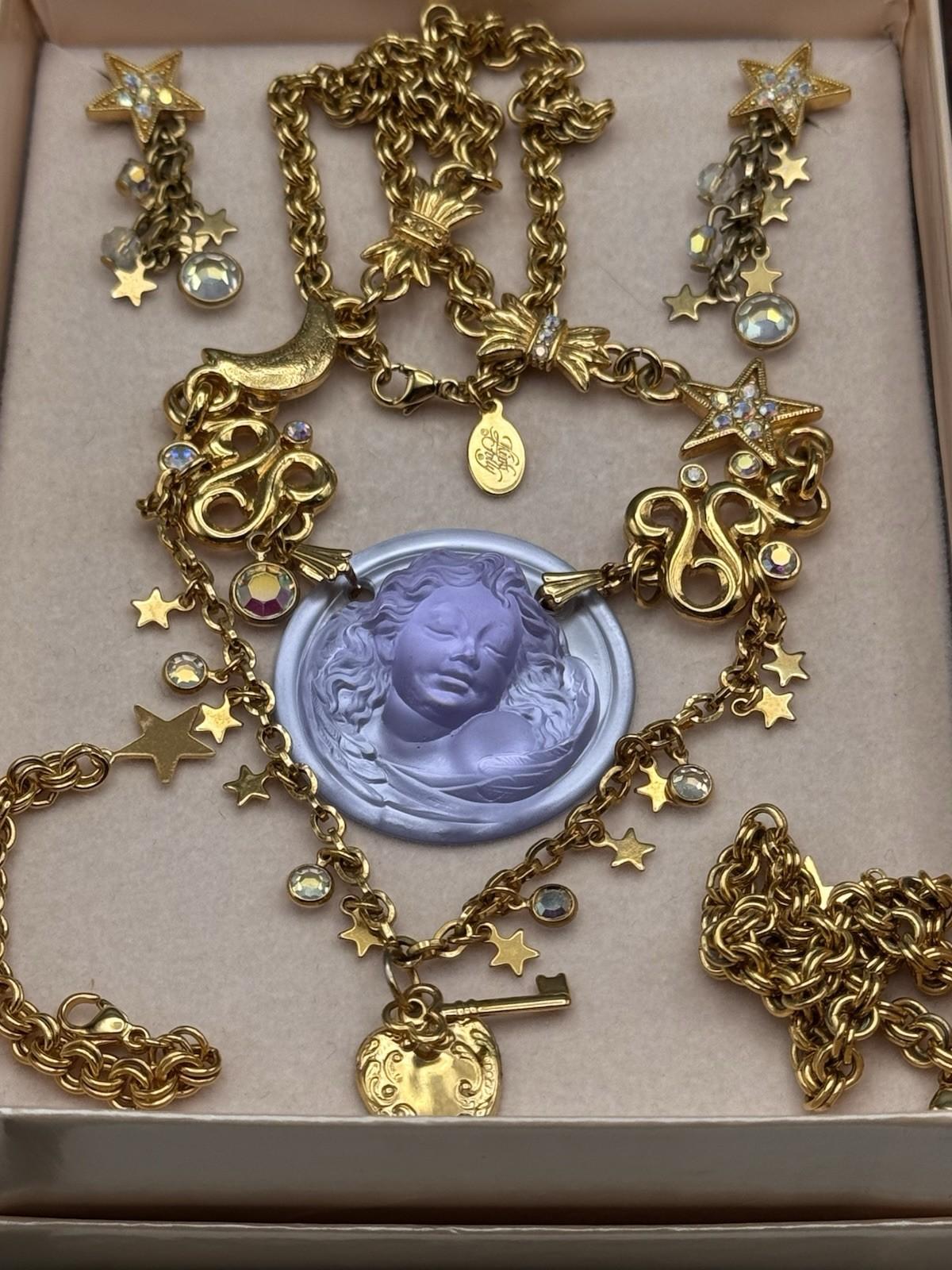 Kirks Folly Dream Angel Necklace Set Earrings Purple Cameo Charm Goldtone