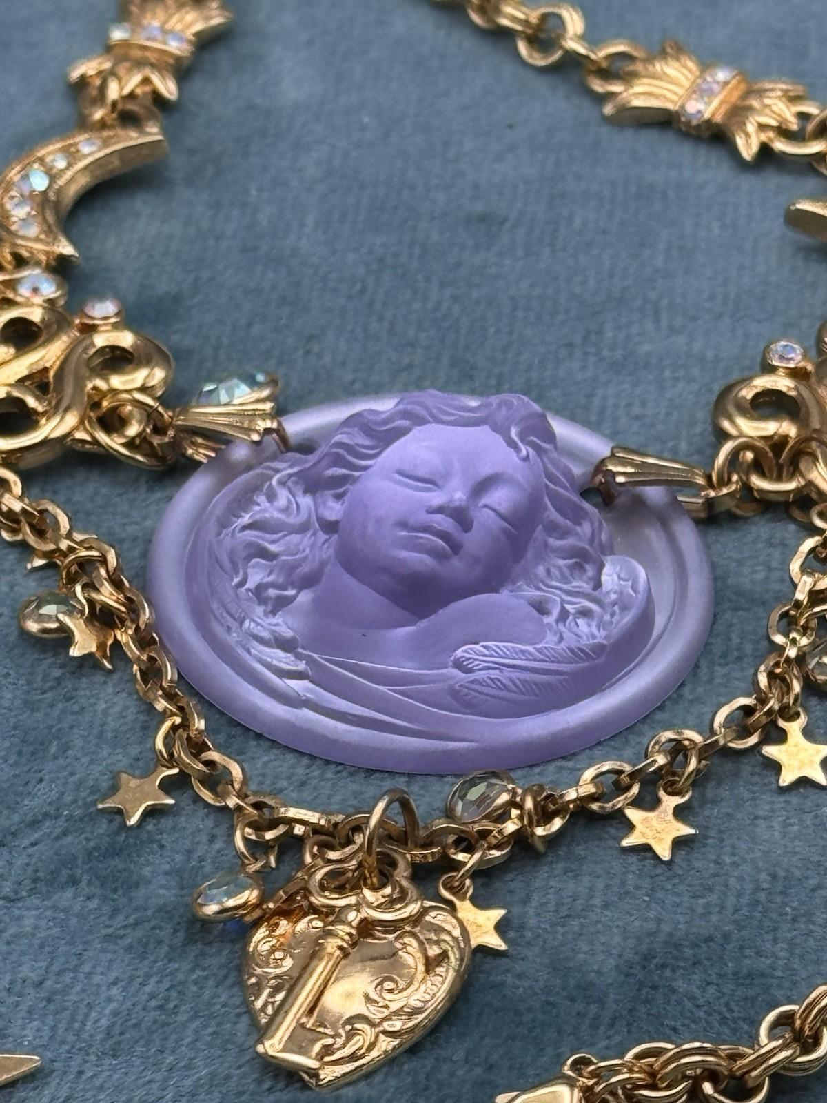 Kirks Folly Dream Angel Necklace Set Earrings Purple Cameo Charm Goldtone