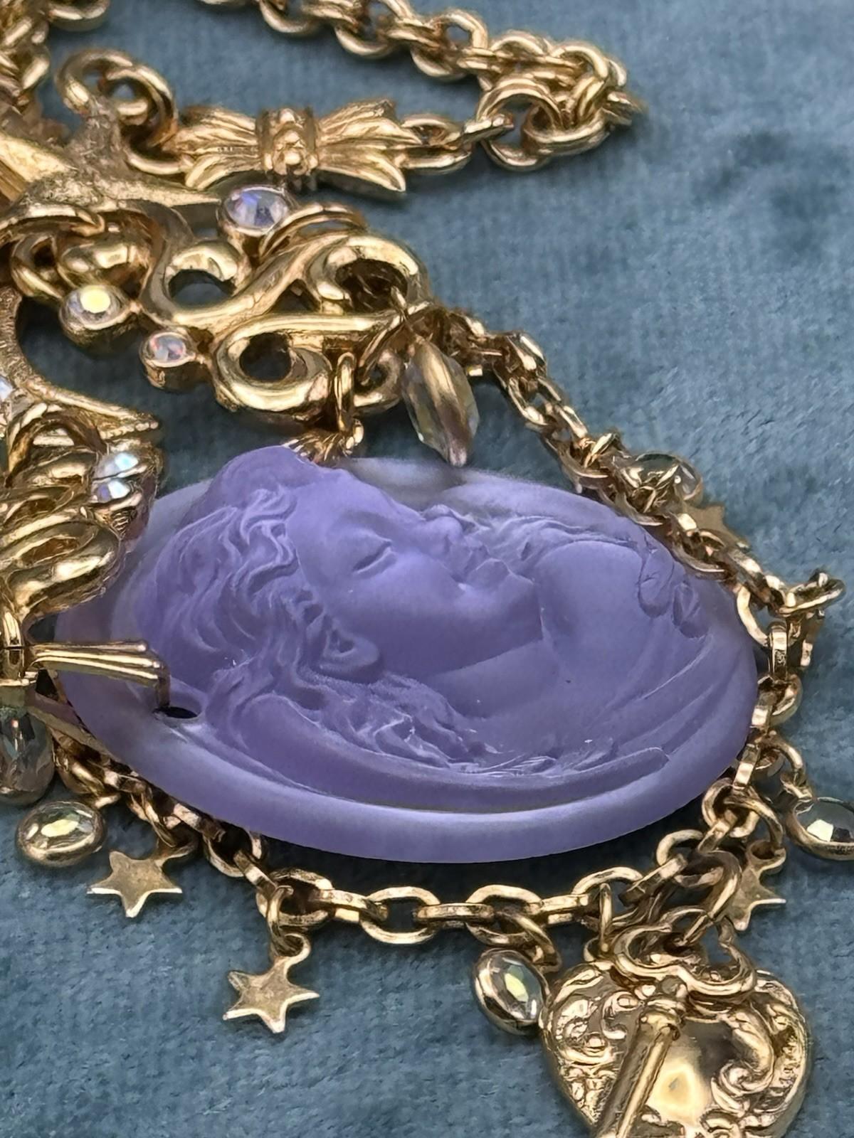 Kirks Folly Dream Angel Necklace Set Earrings Purple Cameo Charm Goldtone