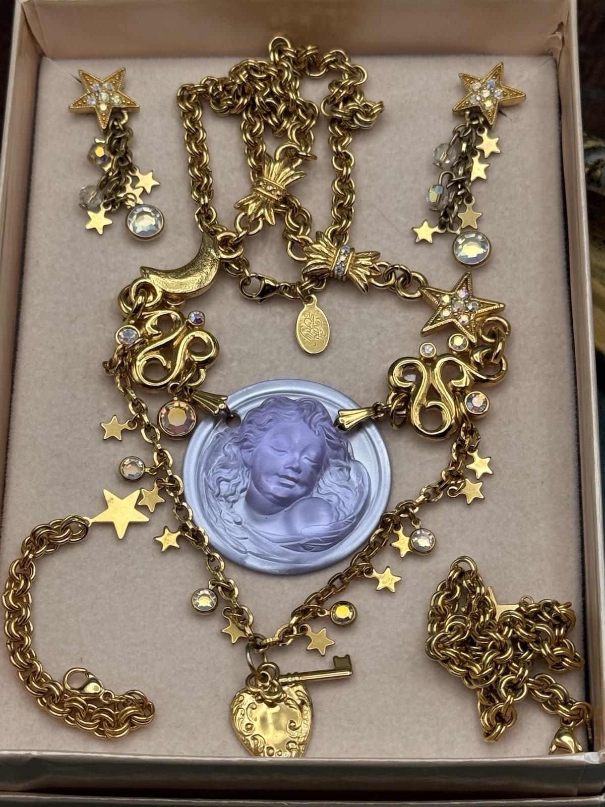 Kirks Folly Dream Angel Necklace Set Earrings Purple Cameo Charm Goldtone