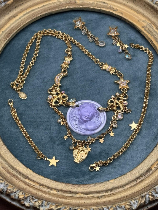 Kirks Folly Dream Angel Necklace Set Earrings Purple Cameo Charm Goldtone