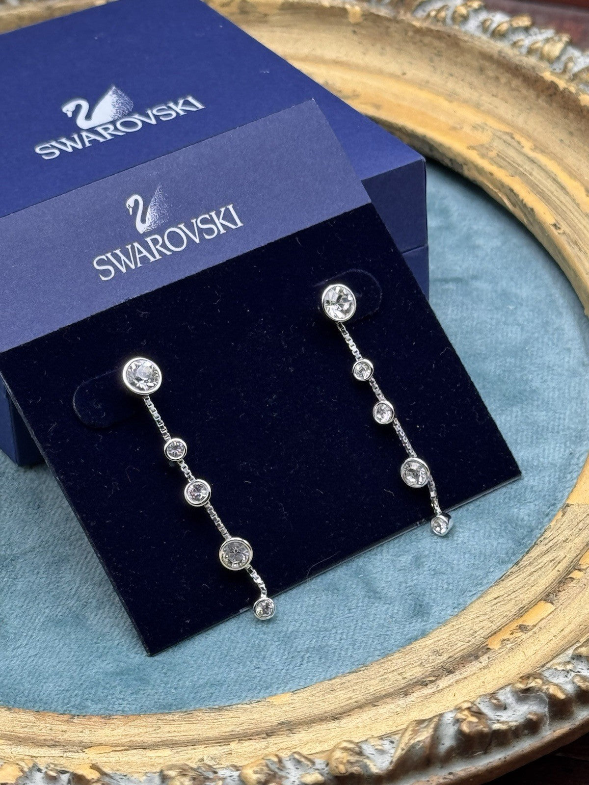 Swarovski Drop Earrings Silvertone Crystal Linear Dangle Boxed 1.75”