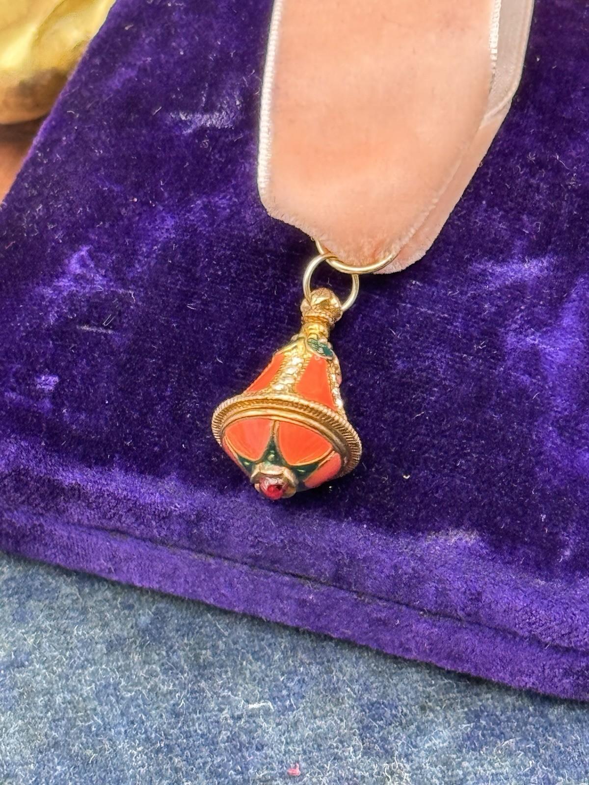 Russian Revival Pendant Enamel Lantern Charm Rhinestone Goldtone 1”