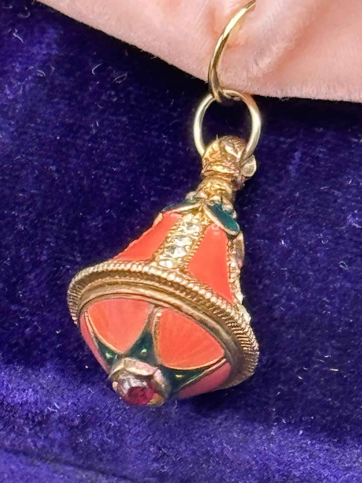Russian Revival Pendant Enamel Lantern Charm Rhinestone Goldtone 1”