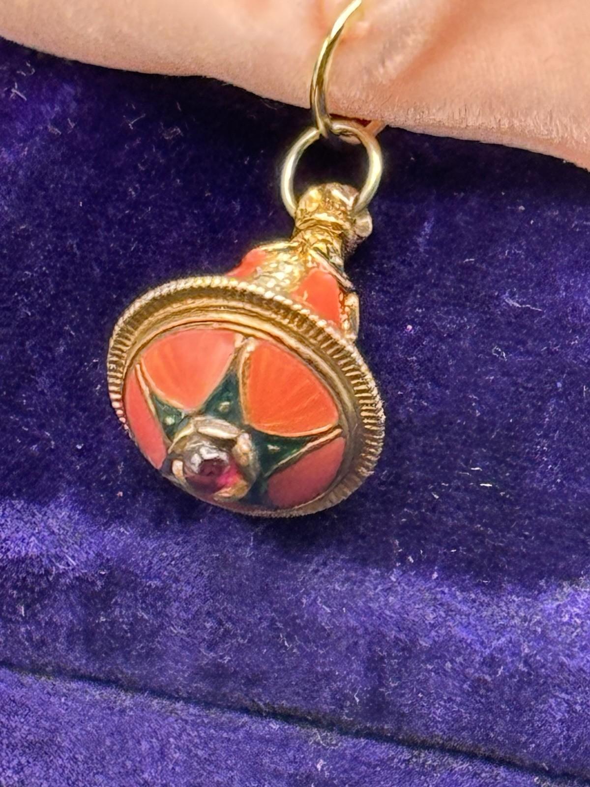 Russian Revival Pendant Enamel Lantern Charm Rhinestone Goldtone 1”