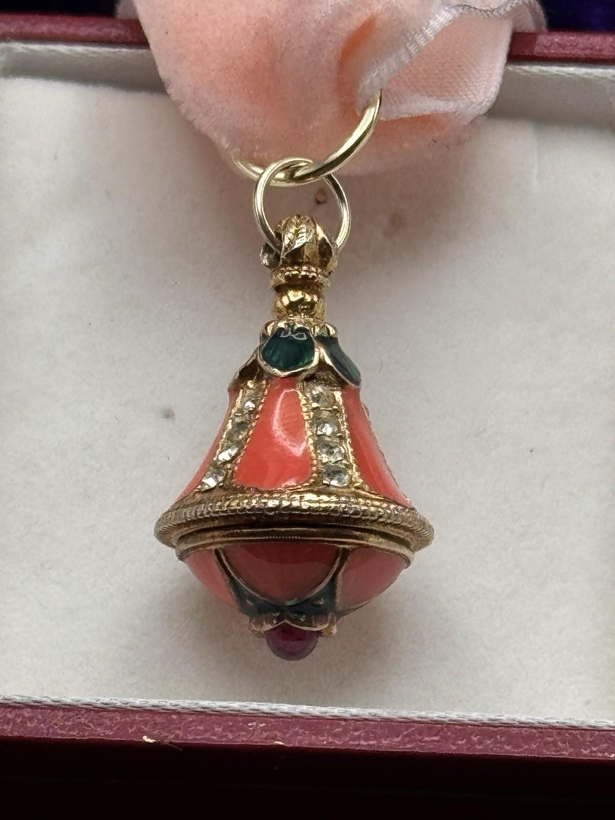 Russian Revival Pendant Enamel Lantern Charm Rhinestone Goldtone 1”