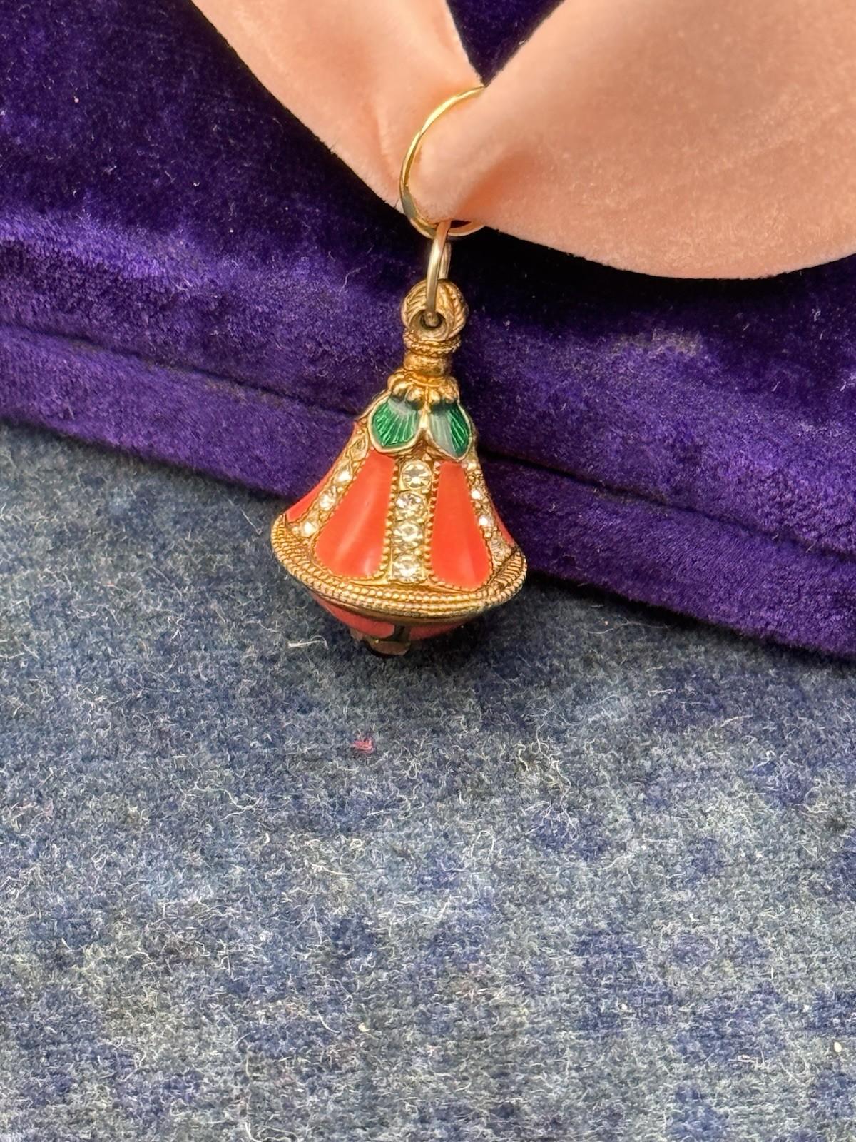 Russian Revival Pendant Enamel Lantern Charm Rhinestone Goldtone 1”