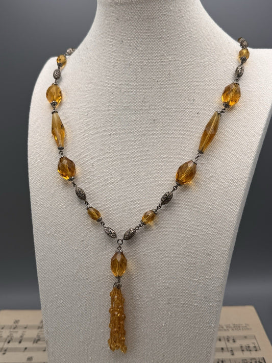 Czech Ambertone Glass Necklace Silvertone Filigree 29” Tassel Drop