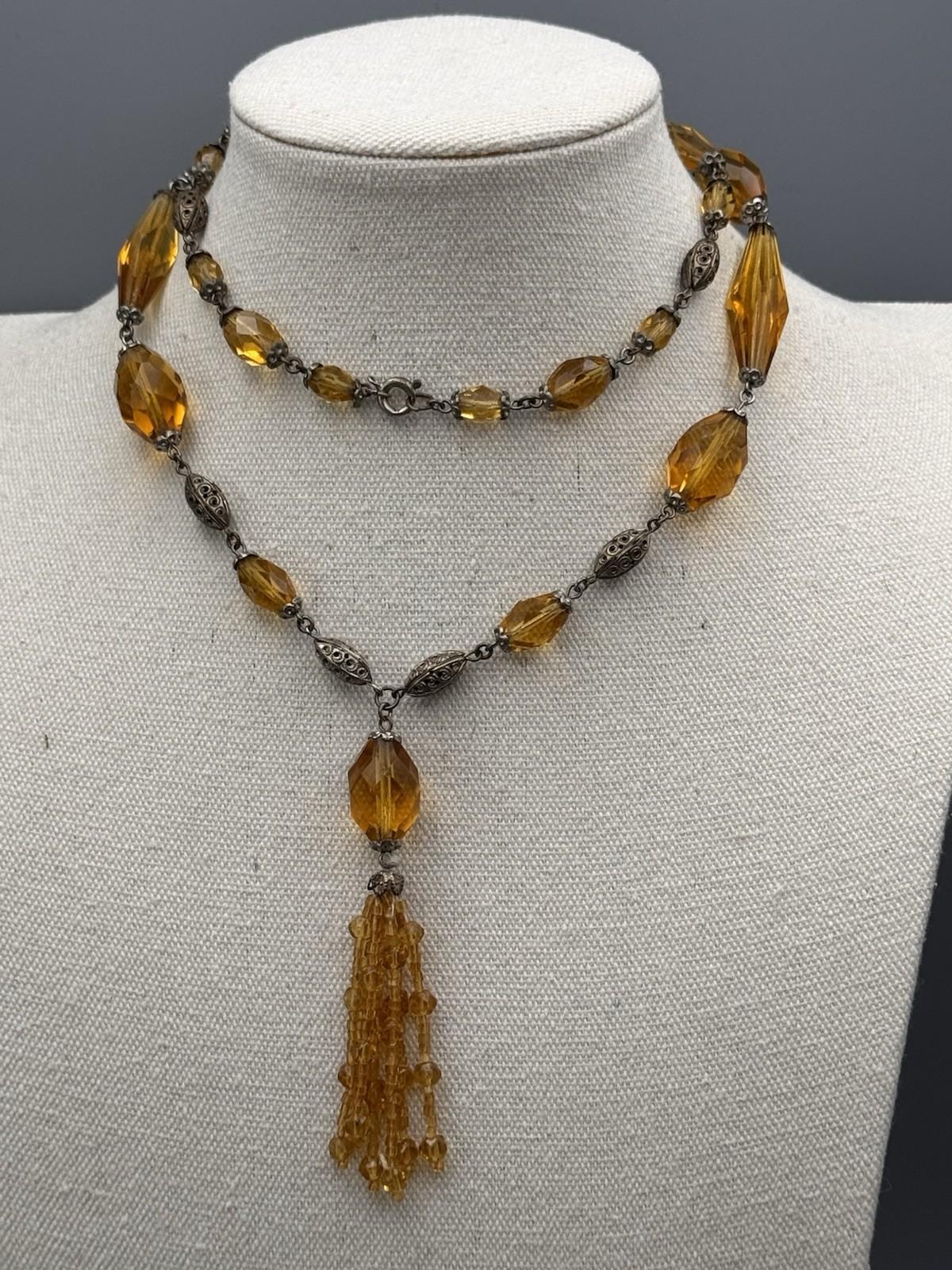 Czech Ambertone Glass Necklace Silvertone Filigree 29” Tassel Drop