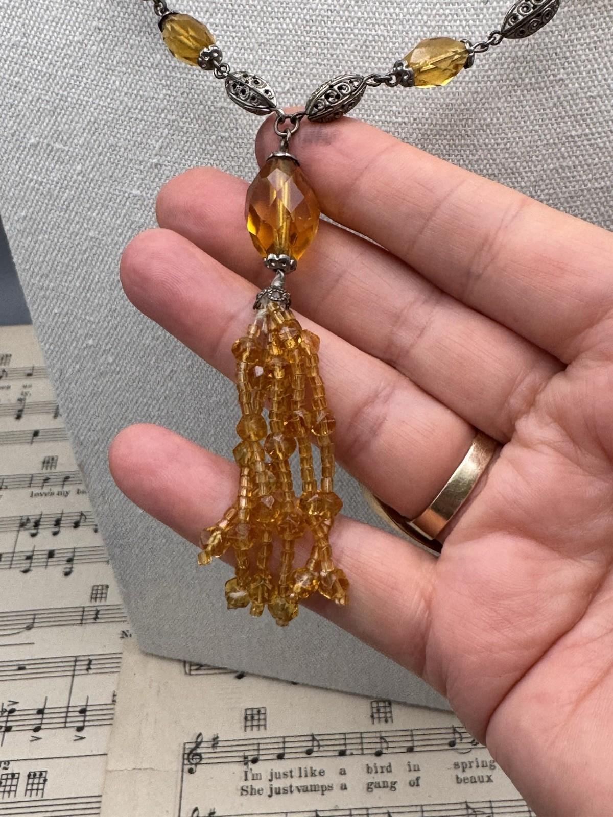 Czech Ambertone Glass Necklace Silvertone Filigree 29” Tassel Drop