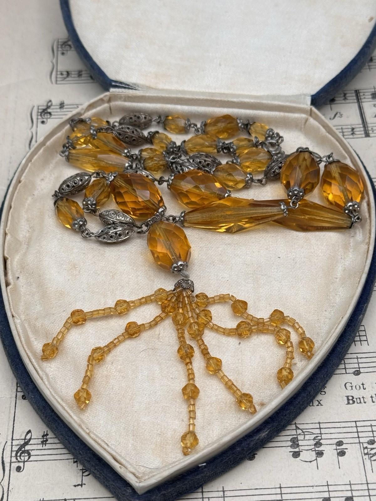 Czech Ambertone Glass Necklace Silvertone Filigree 29” Tassel Drop