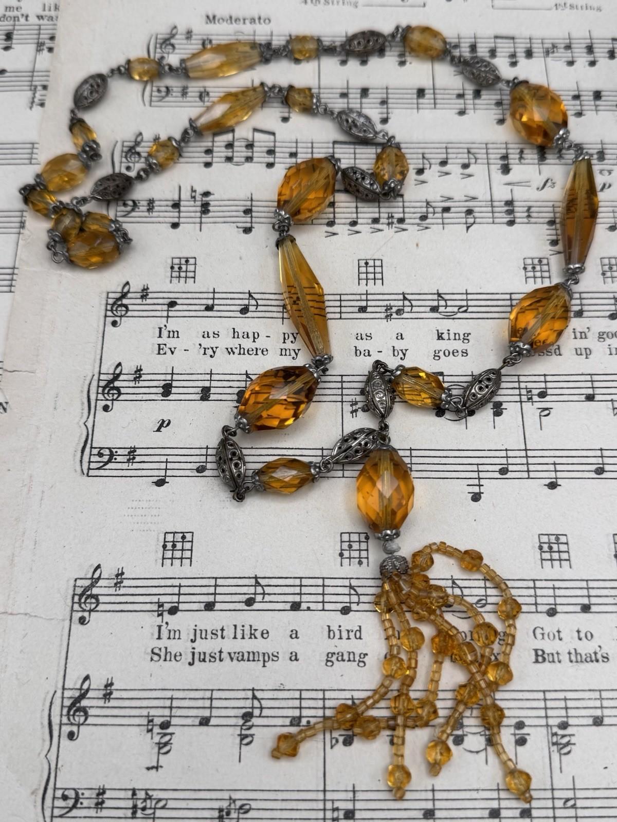 Czech Ambertone Glass Necklace Silvertone Filigree 29” Tassel Drop