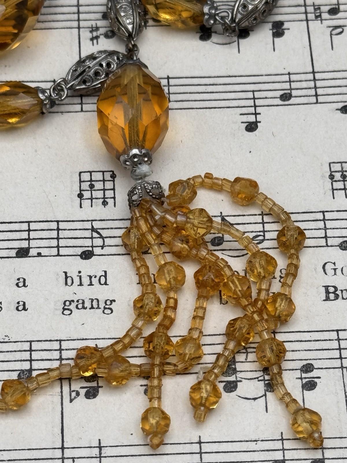 Czech Ambertone Glass Necklace Silvertone Filigree 29” Tassel Drop
