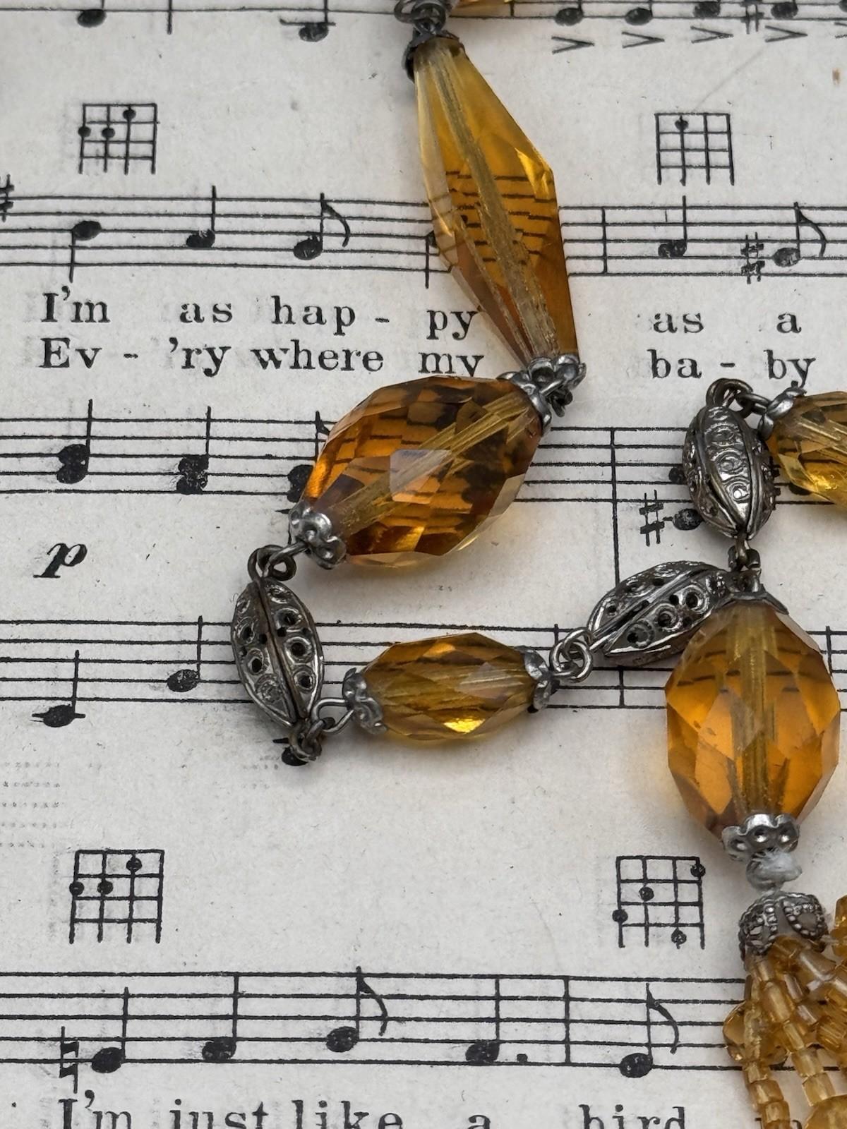 Czech Ambertone Glass Necklace Silvertone Filigree 29” Tassel Drop