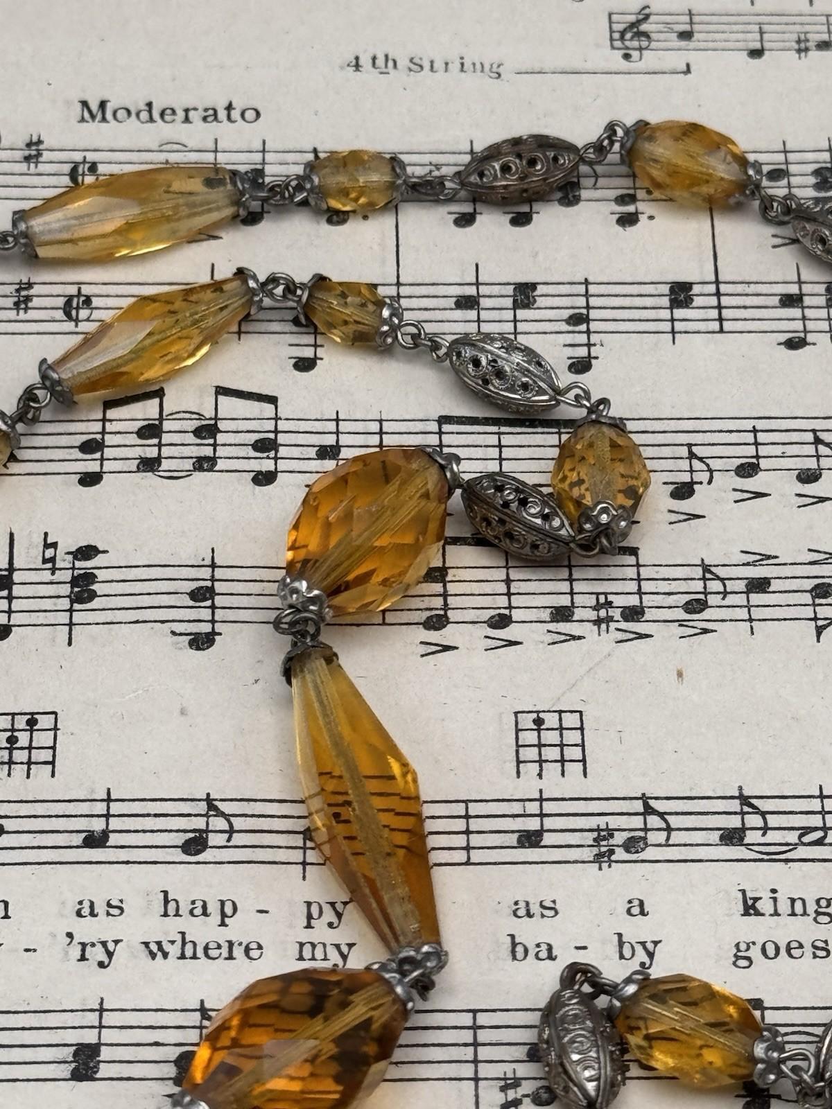 Czech Ambertone Glass Necklace Silvertone Filigree 29” Tassel Drop