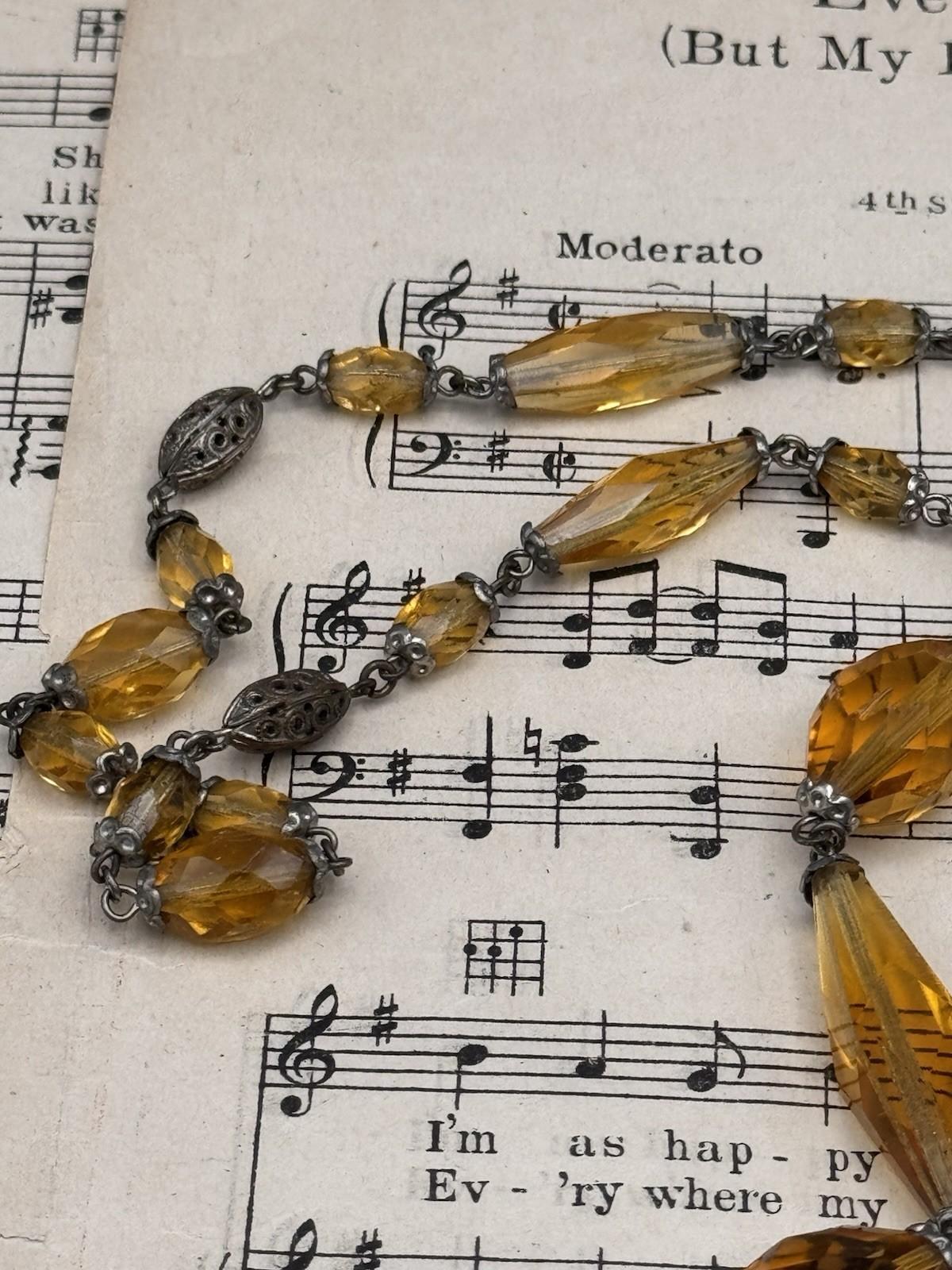 Czech Ambertone Glass Necklace Silvertone Filigree 29” Tassel Drop