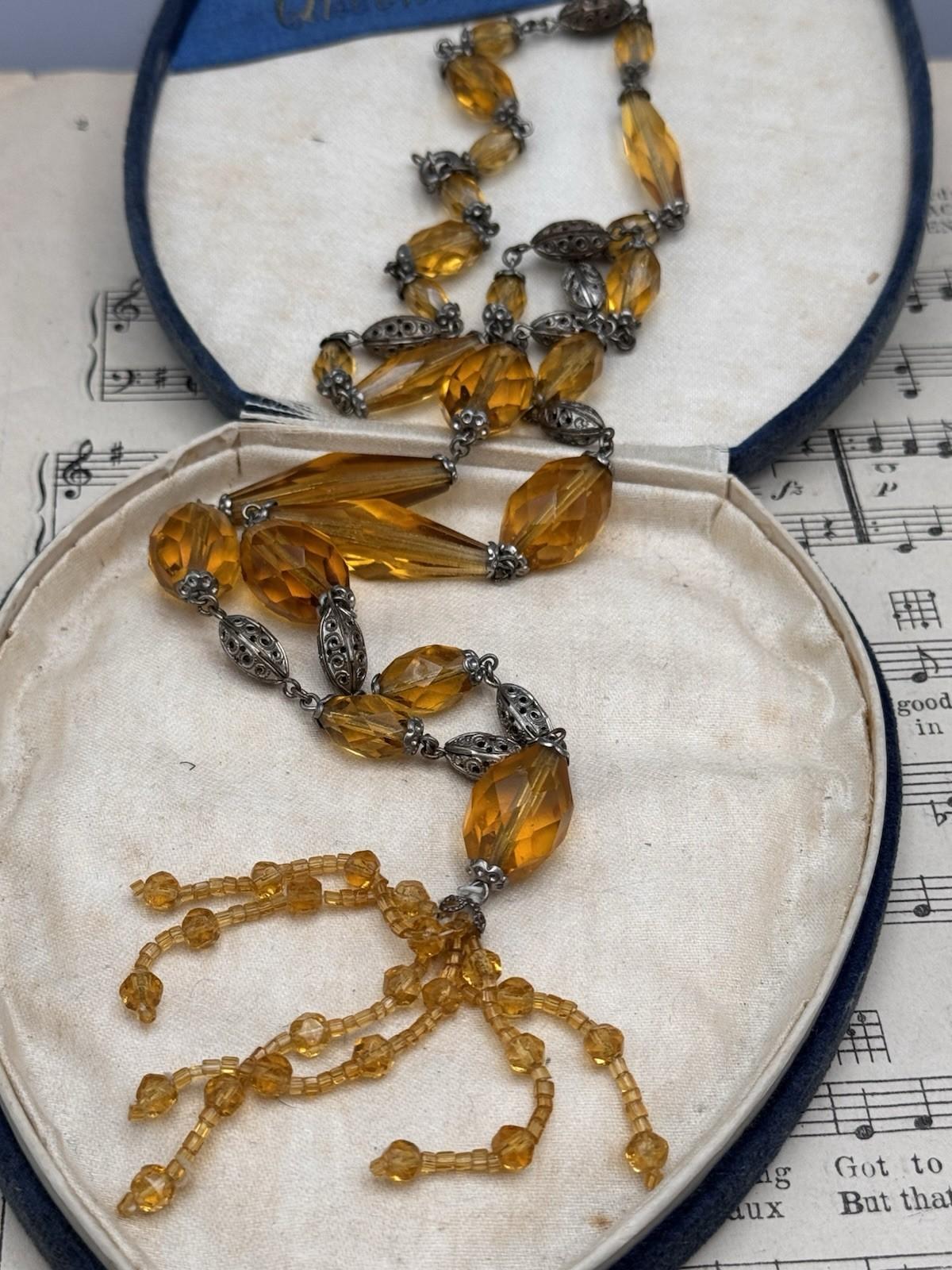 Czech Ambertone Glass Necklace Silvertone Filigree 29” Tassel Drop