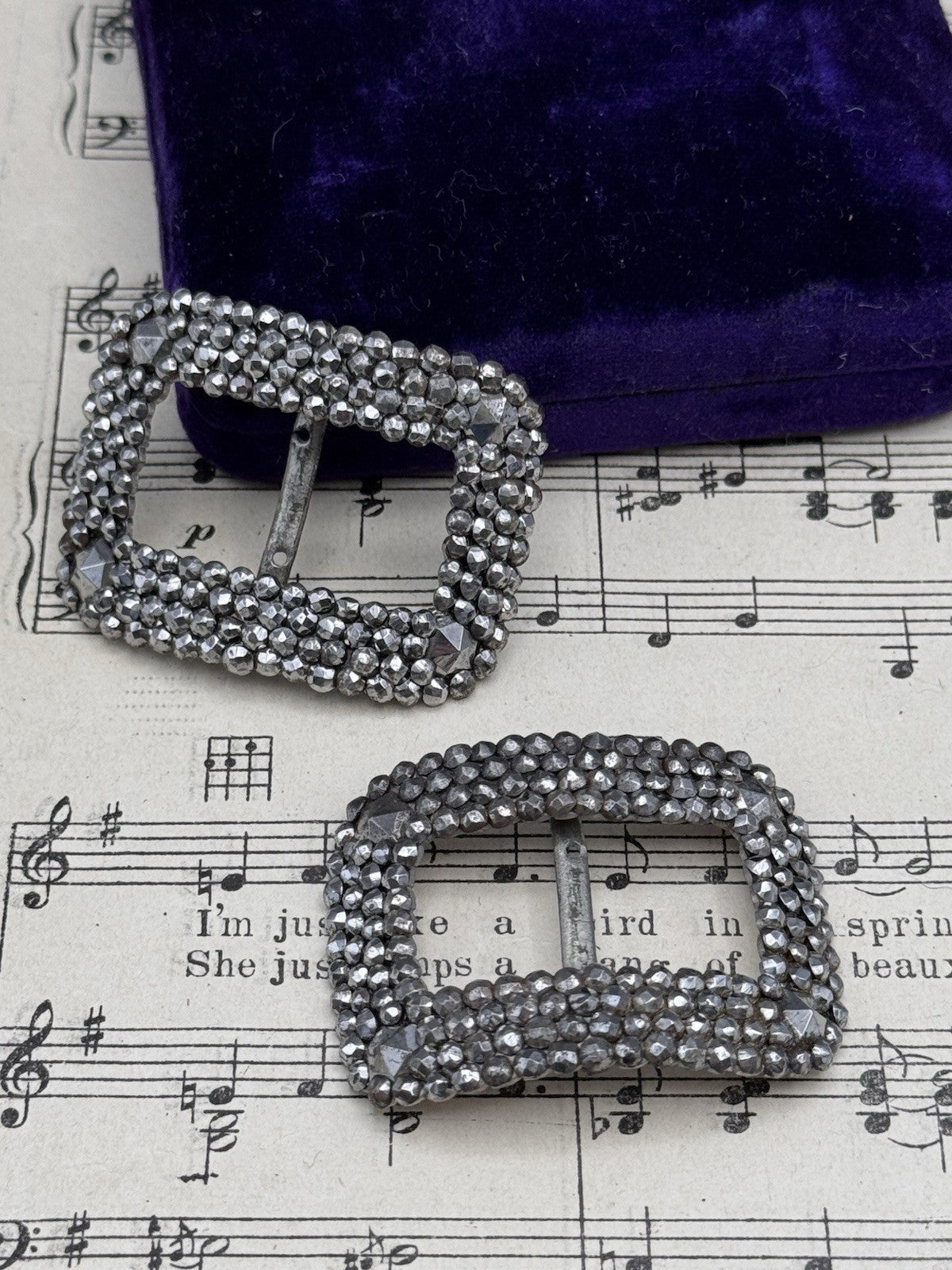 2 Antique Shoe Buckles Cut Steel Georgian Style French Belt Scarf Shoe Hair Accessory