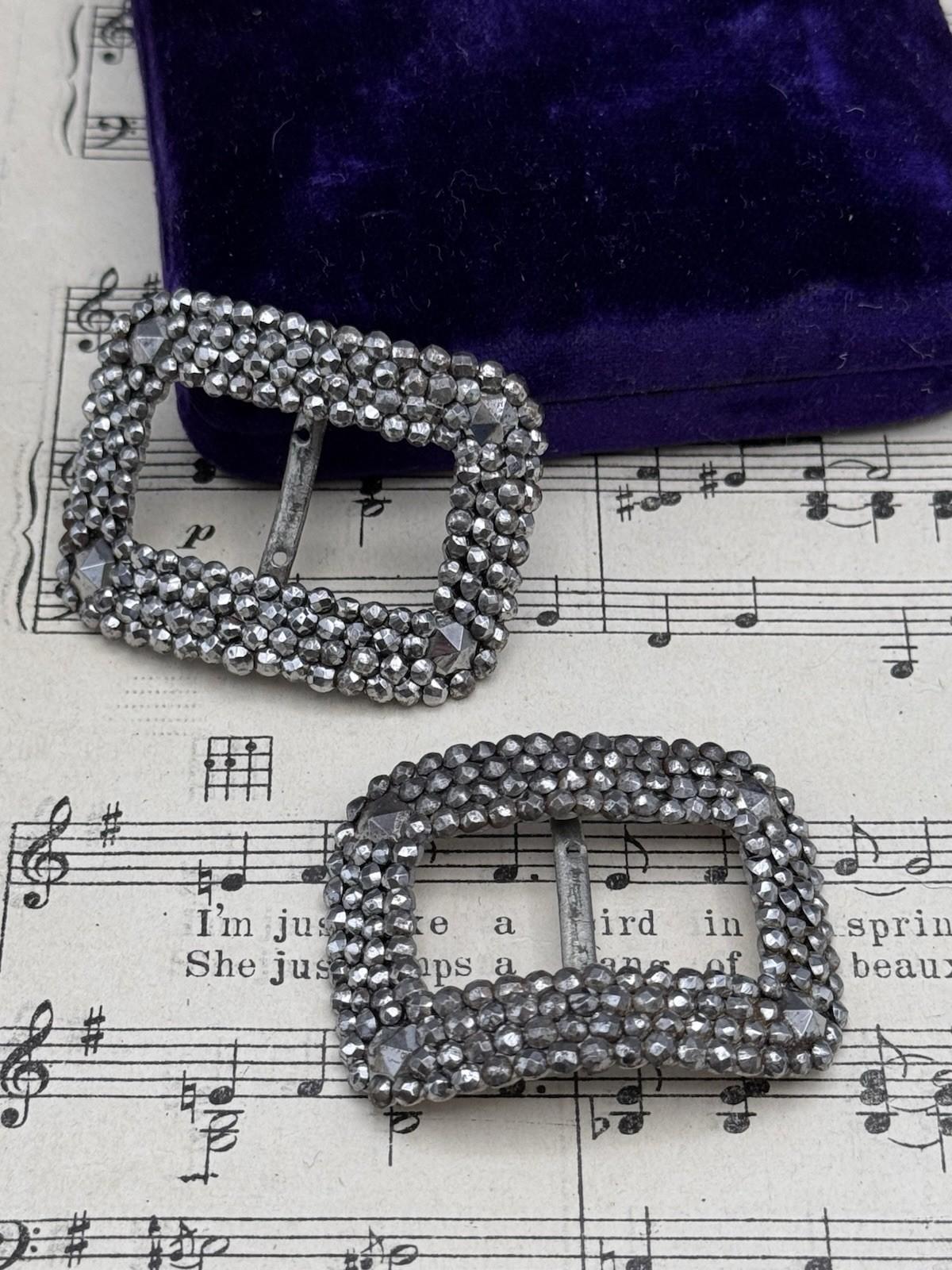 2 Antique Shoe Buckles Cut Steel Georgian Style French Belt Scarf Shoe Hair Accessory