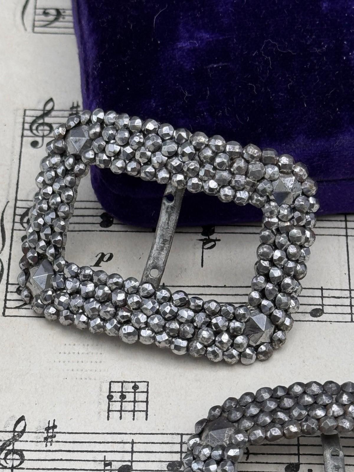 2 Antique Shoe Buckles Cut Steel Georgian Style French Belt Scarf Shoe Hair Accessory