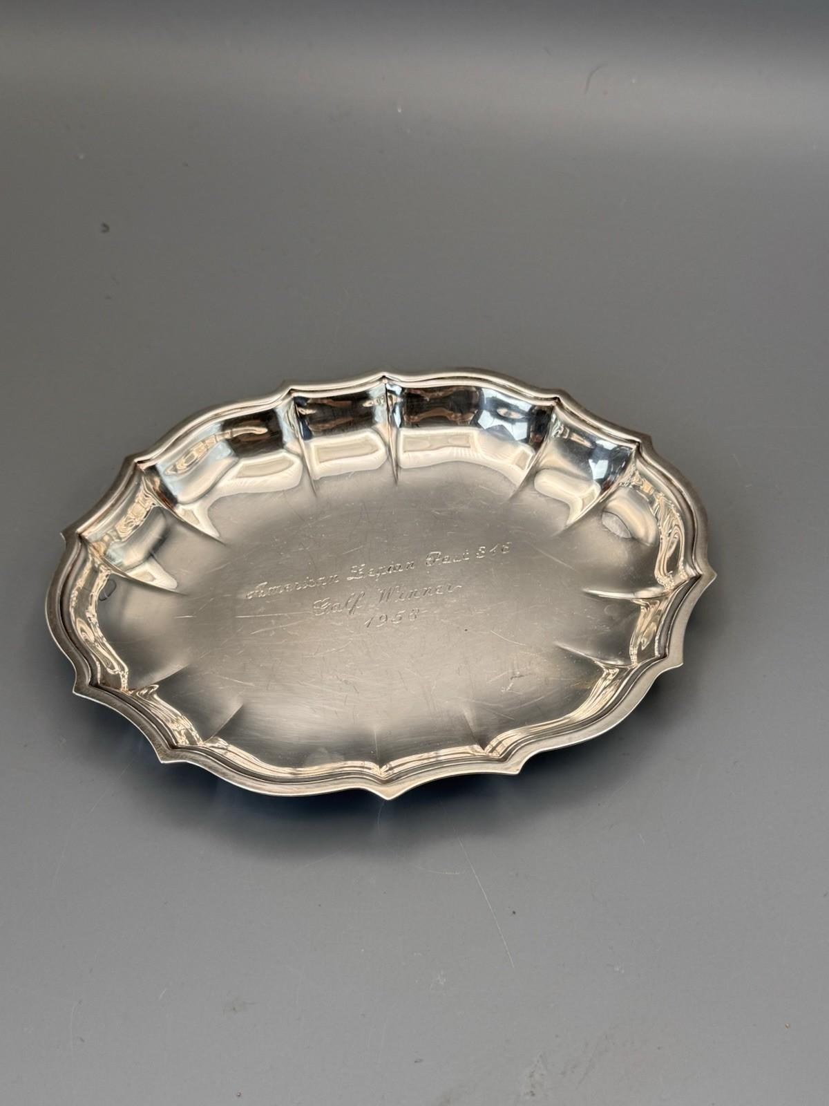 Silverplate Trinket Dish Chippendale Engraved Golf Winner 1958 7” L