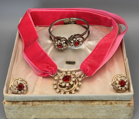 Vintage MCM Jewelry Set Red Rhinestone Goldtone Cuff Brooch Earrings
