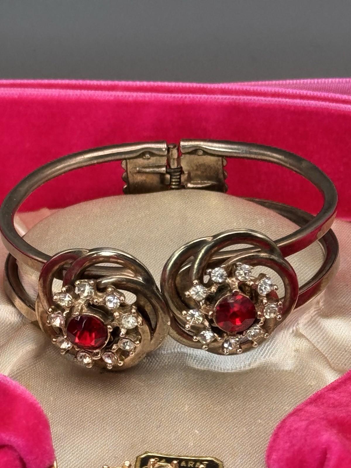 Vintage MCM Jewelry Set Red Rhinestone Goldtone Cuff Brooch Earrings