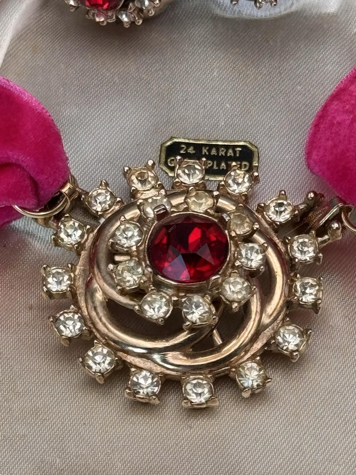Vintage MCM Jewelry Set Red Rhinestone Goldtone Cuff Brooch Earrings