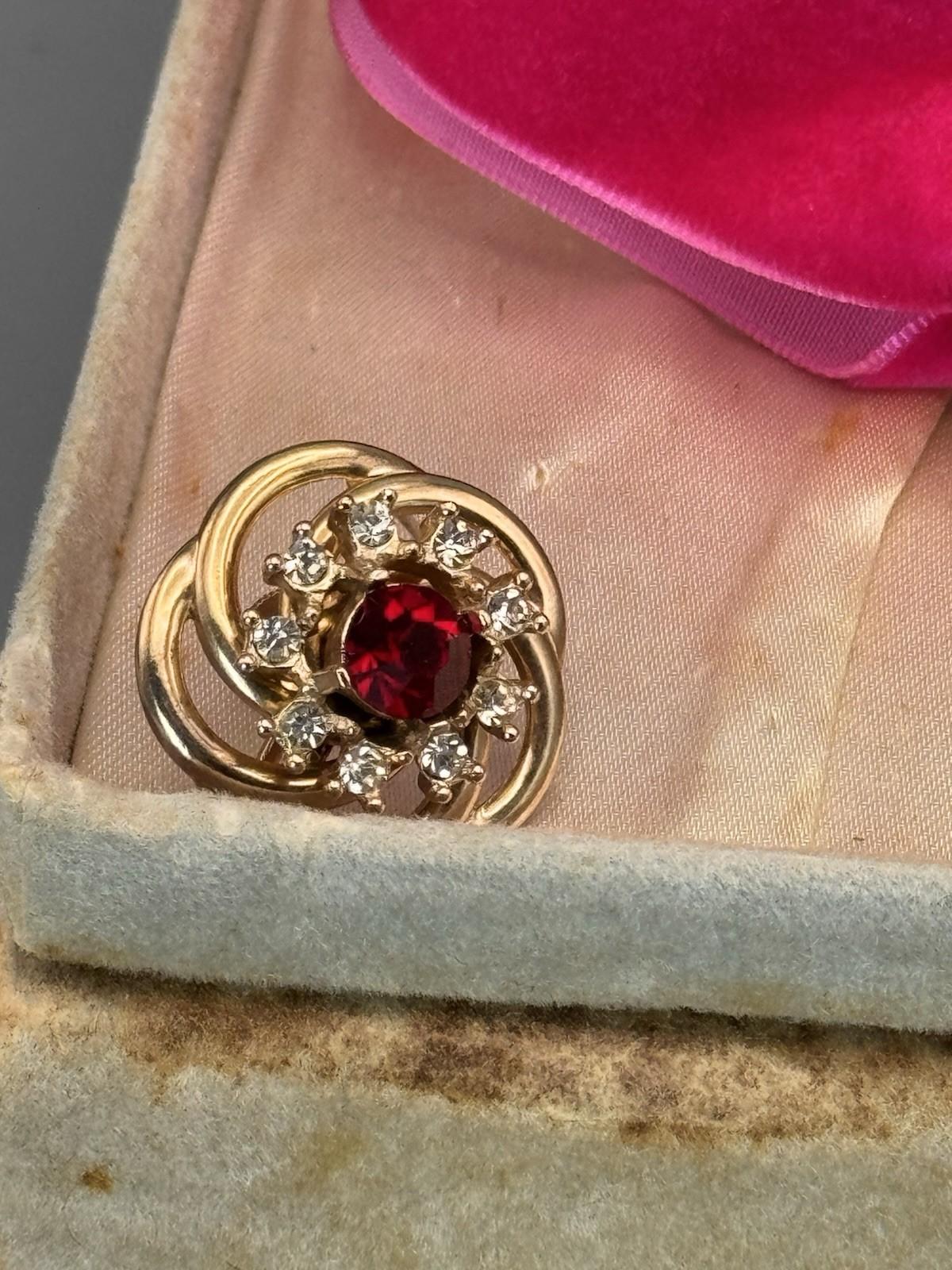 Vintage MCM Jewelry Set Red Rhinestone Goldtone Cuff Brooch Earrings