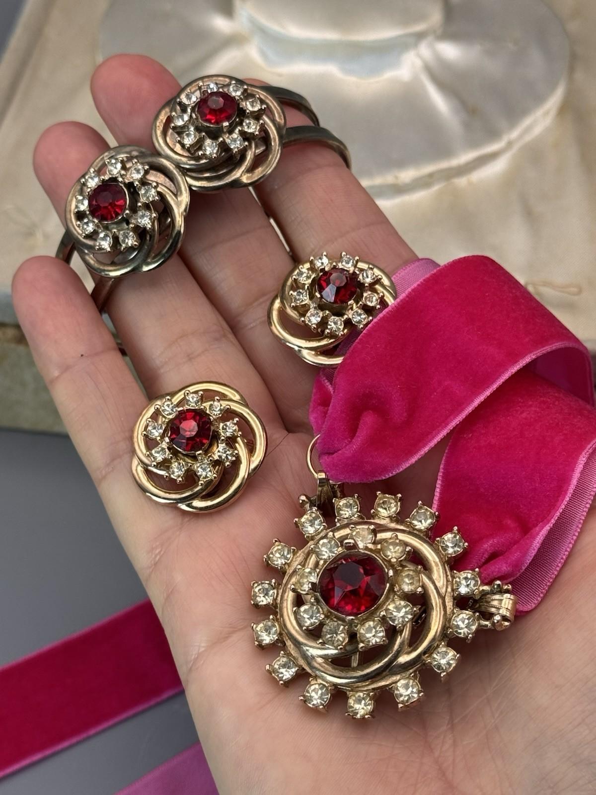 Vintage MCM Jewelry Set Red Rhinestone Goldtone Cuff Brooch Earrings