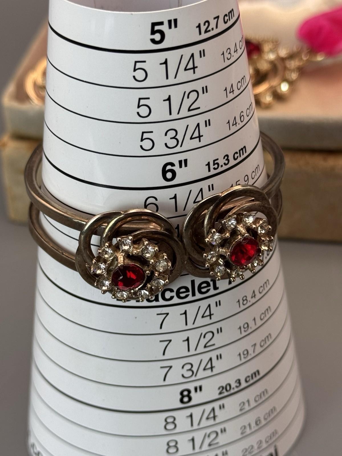 Vintage MCM Jewelry Set Red Rhinestone Goldtone Cuff Brooch Earrings