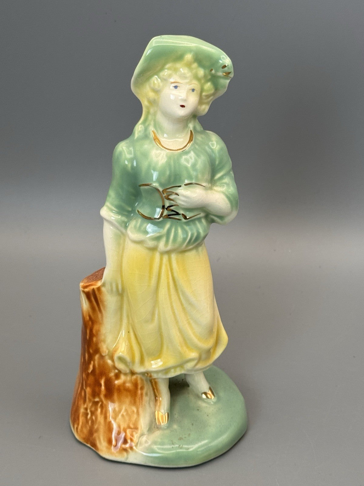 Vintage Porcelain Figurine Lady Green Yellow Dress Hat Gold Accents 8”