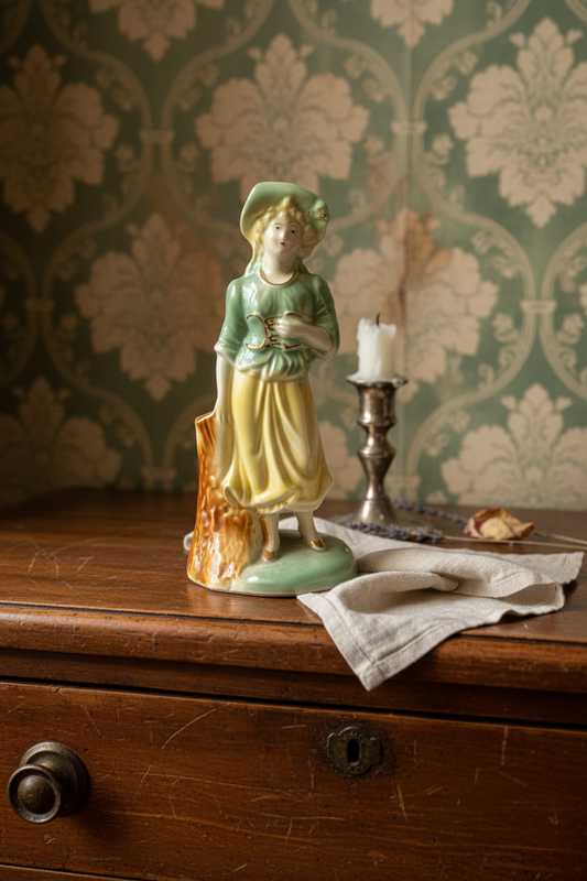 Vintage Porcelain Figurine Lady Green Yellow Dress Hat Gold Accents 8”