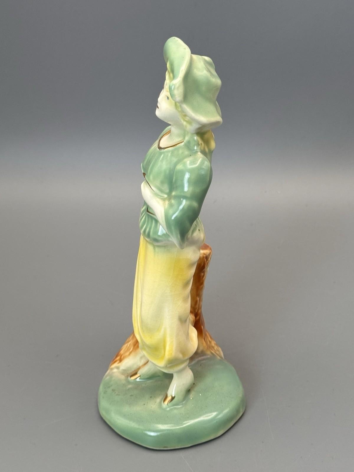 Vintage Porcelain Figurine Lady Green Yellow Dress Hat Gold Accents 8”