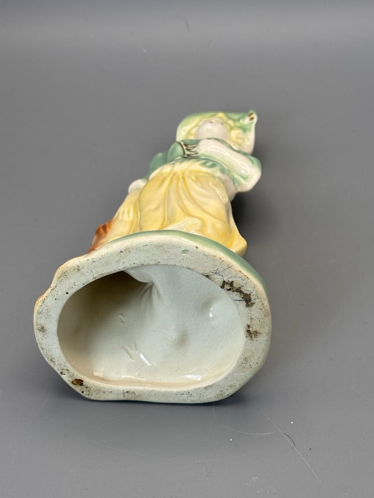Vintage Porcelain Figurine Lady Green Yellow Dress Hat Gold Accents 8”