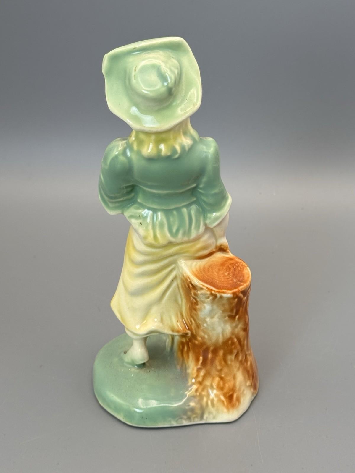 Vintage Porcelain Figurine Lady Green Yellow Dress Hat Gold Accents 8”