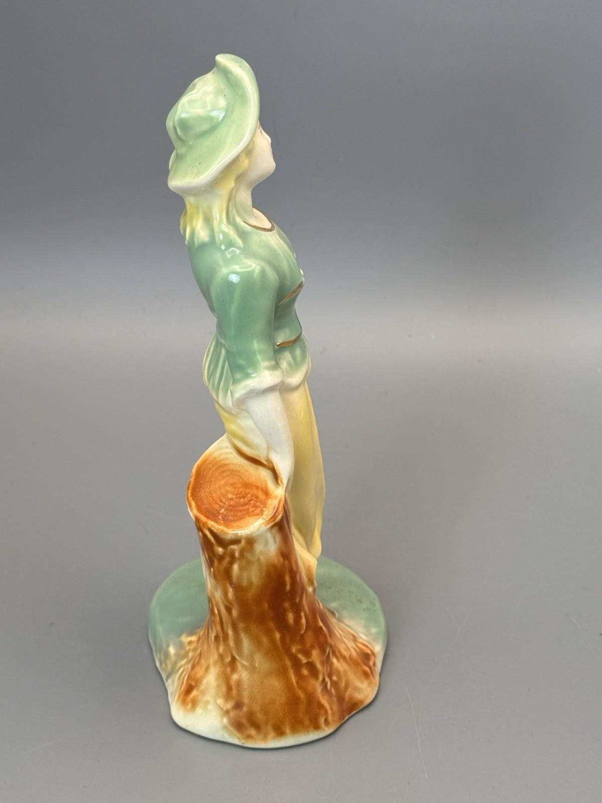 Vintage Porcelain Figurine Lady Green Yellow Dress Hat Gold Accents 8”