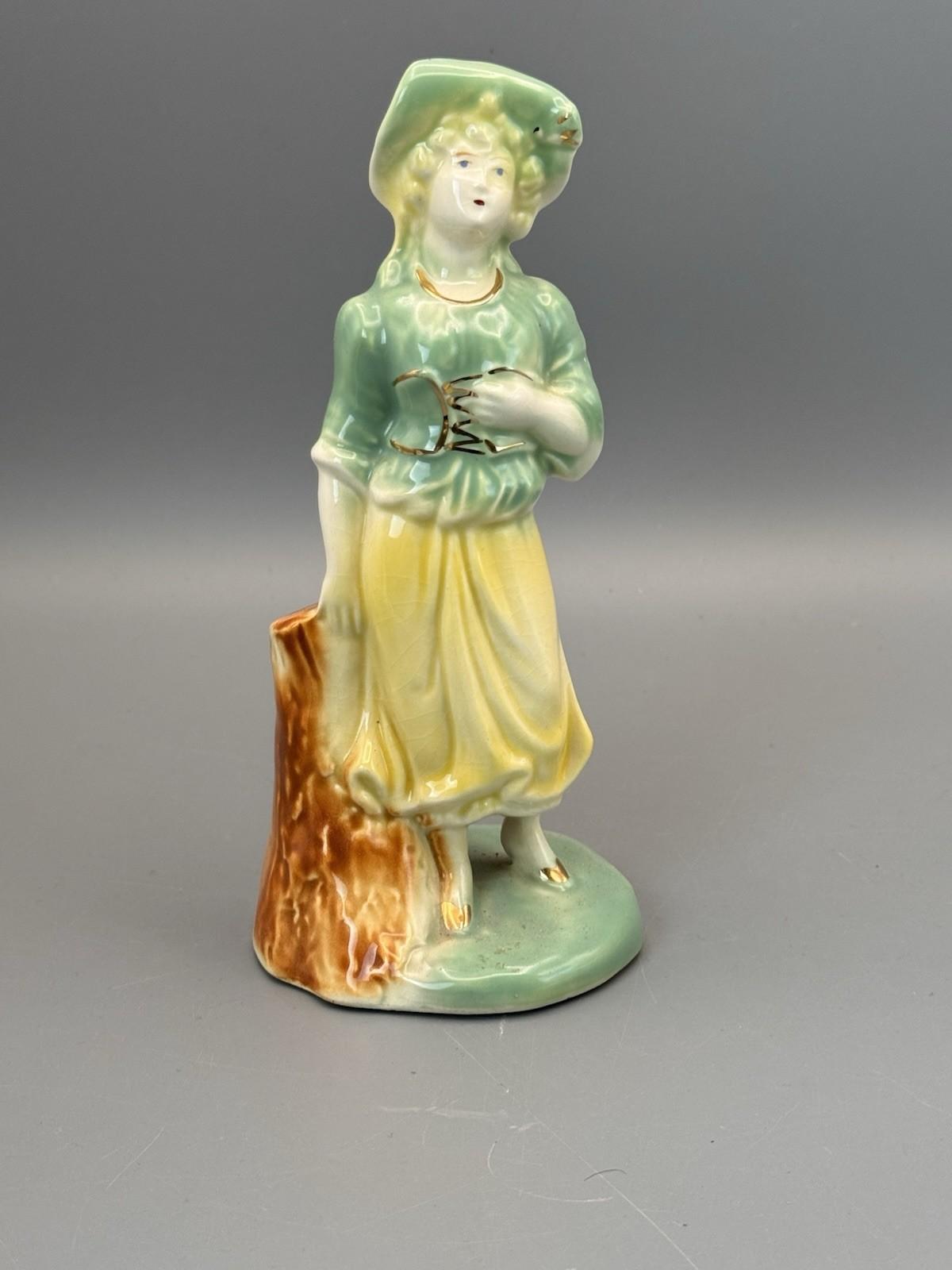 Vintage Porcelain Figurine Lady Green Yellow Dress Hat Gold Accents 8”