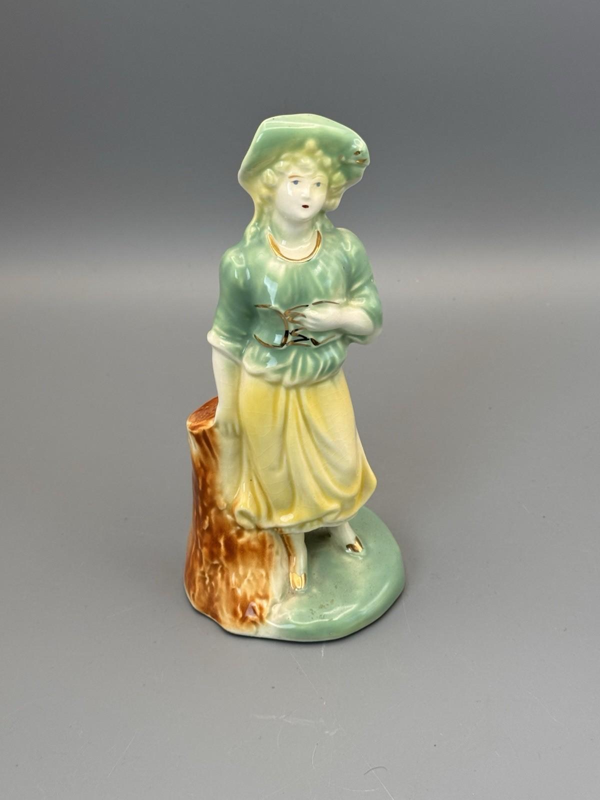 Vintage Porcelain Figurine Lady Green Yellow Dress Hat Gold Accents 8”