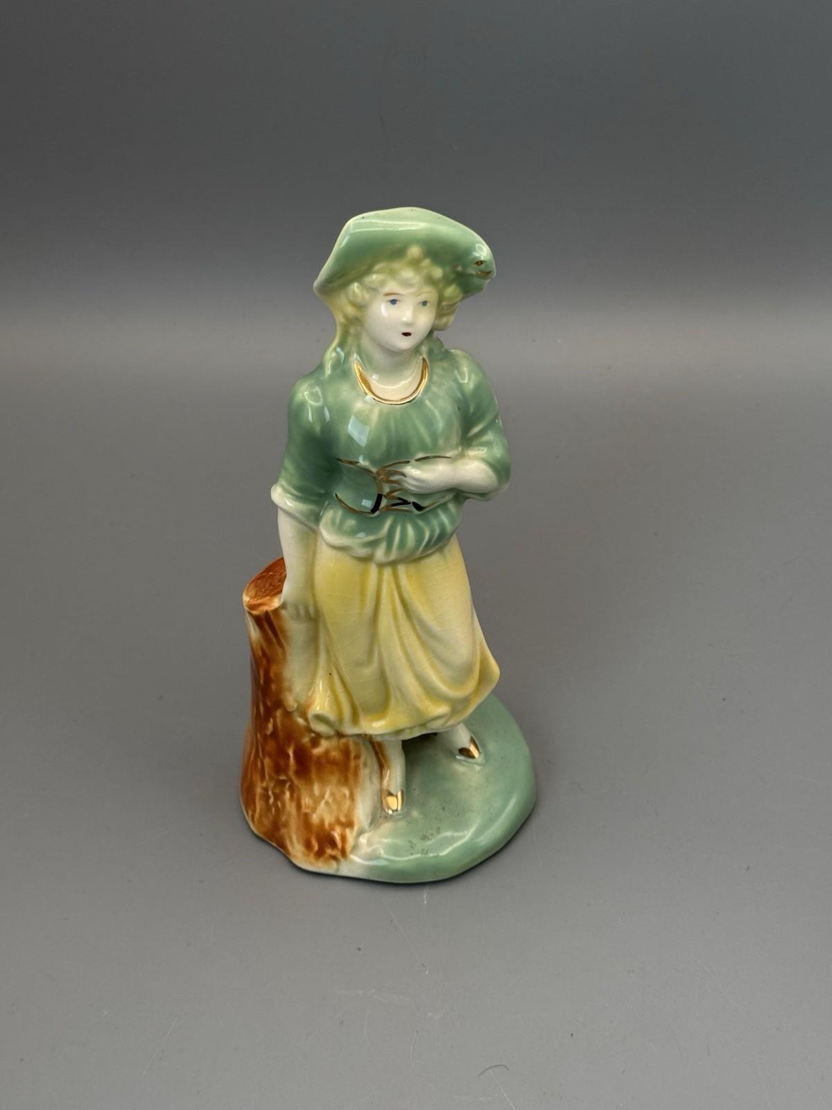 Vintage Porcelain Figurine Lady Green Yellow Dress Hat Gold Accents 8”