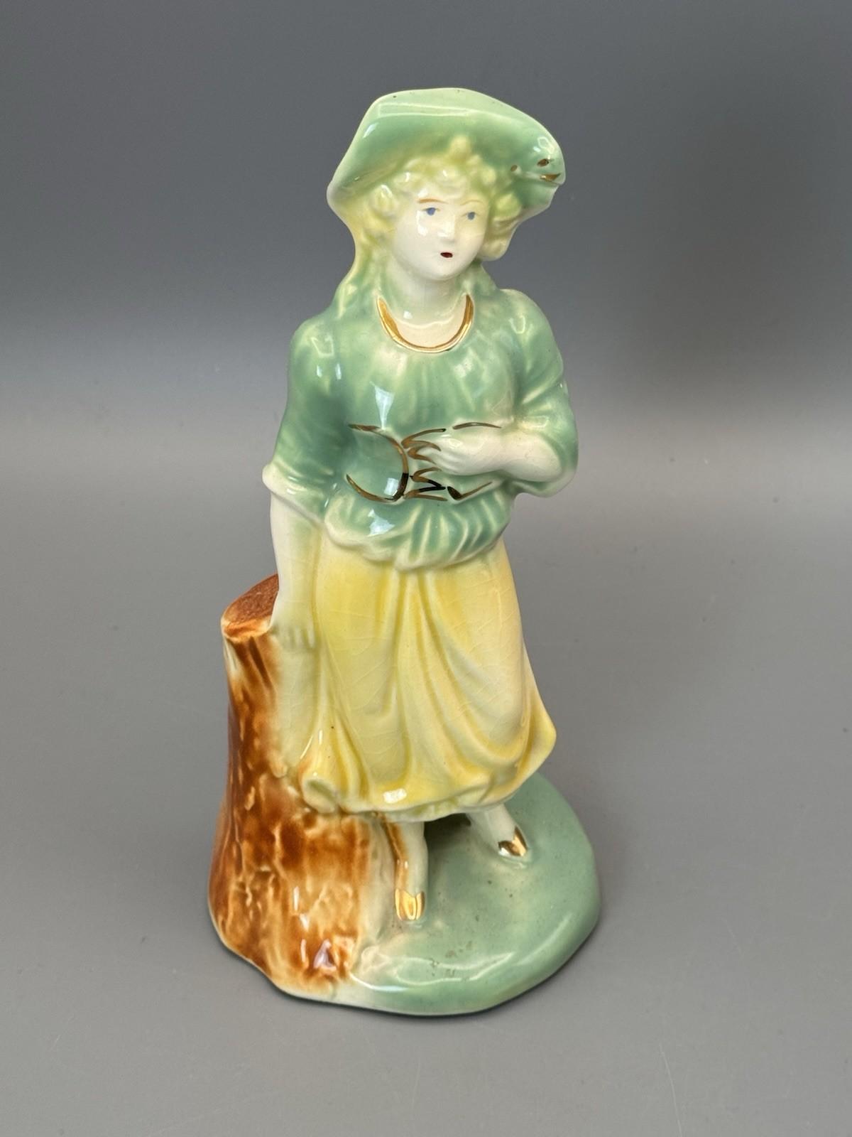 Vintage Porcelain Figurine Lady Green Yellow Dress Hat Gold Accents 8”