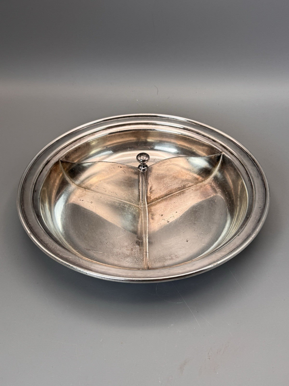 Insico Pewter Divided Bowl Silvertone 9.5” Mid Century Serving Dish
