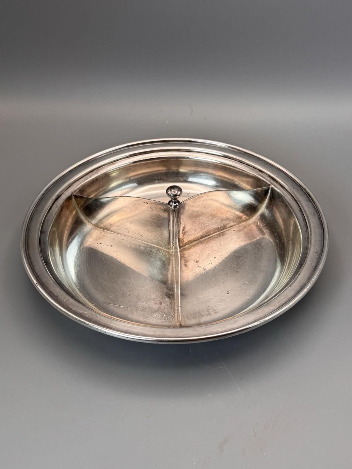 Insico Pewter Divided Bowl Silvertone 9.5” Mid Century Serving Dish
