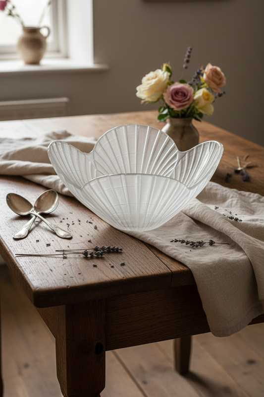 Frosted Glass Shell Bowl 10” Vintage Art Glass Centerpiece