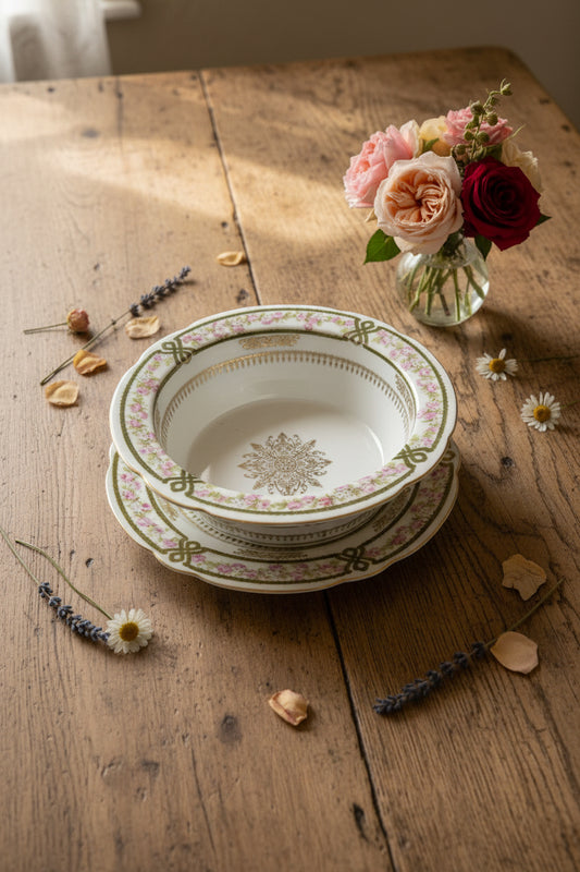 Antique Soufflé Dish Imperial Crown China Underplate Austria Floral 7.25”d